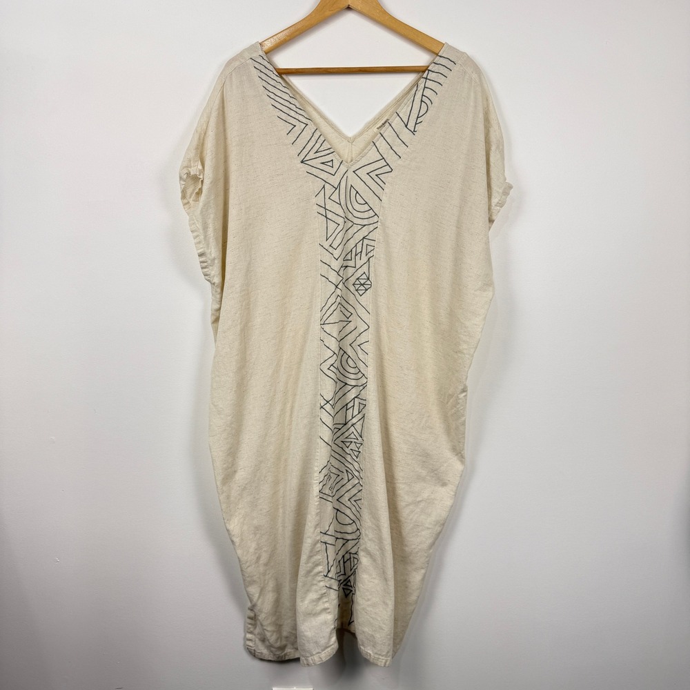 World Market Kaftan Dress Womens One Size Cream Geometric Cotton Linen Resort
